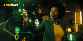 Woman working with an interactive football betting analysis screen