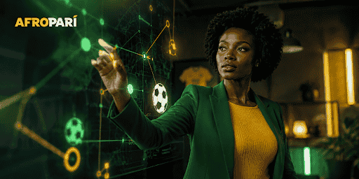 Woman working with an interactive football betting analysis screen