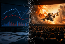 split screen showing financial charts and a movie of a jet flying through an explosion